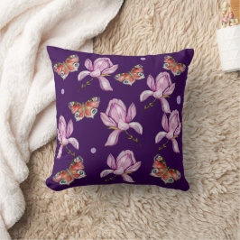 Cojín Decorativo Magnolia y mariposas, patrón de acuarela