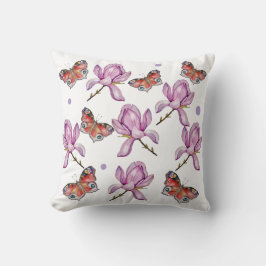Cojín Decorativo Magnolia y mariposas, patrón de acuarela
