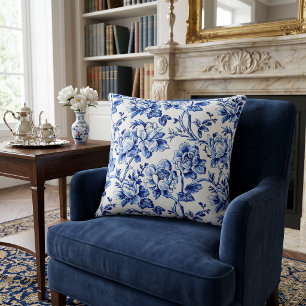 Cojín Decorativo Magnolias Azules y Blancas Toile de Jouy