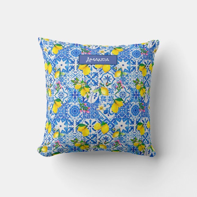 Cojín Decorativo Magólica azul veraniego cítrico siciliano Mediterr (Anverso)
