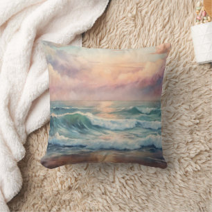 Cojín Decorativo Majestic Ocean Sunset Waves Acuarela Costa