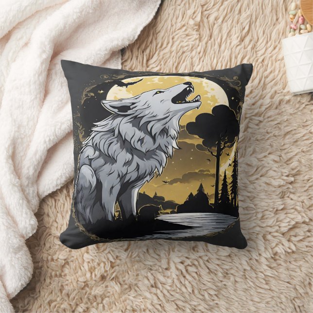 Cojín Decorativo Majestic Wolf Howling a la luz de la luna. (Manta)