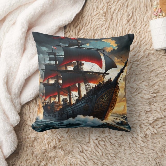 Cojín Decorativo Majestuoso barco pirata navegando al atardecer (Manta)