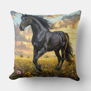 Cojín Decorativo Majestuoso caballo negro galopando a través de una