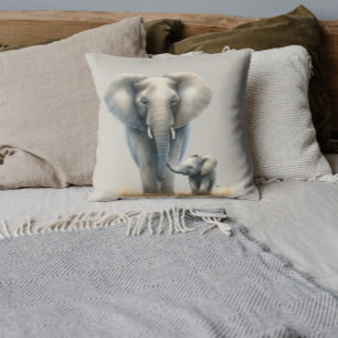 Cojín Decorativo Majestuoso elefante africano y cría en acuarela