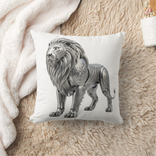 Cojín Decorativo Majestuoso León de Plata Celta con Intrincado Nudo