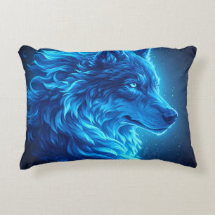 Cojín Decorativo Majestuoso Lobo Azul Brillante Arte de Fantasía de