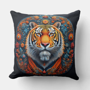 Cojín Decorativo Majestuoso retrato de tigre rodeado de flores