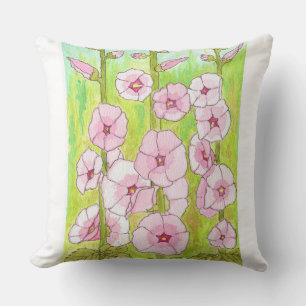 Cojín Decorativo Malvarisas rosadas floreciendo acuarela