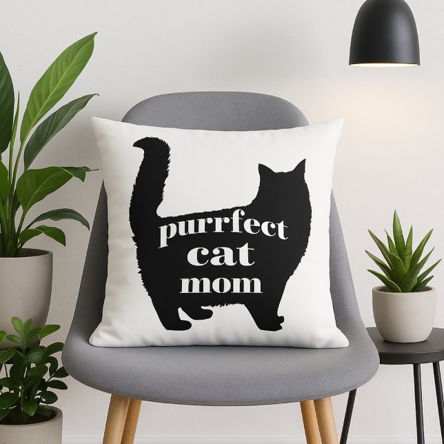 Cojín Decorativo Mamá de gato (Modern black cat silhouette with "Purrfect Cat Mom" text — perfect gift for stylish cat lovers.)