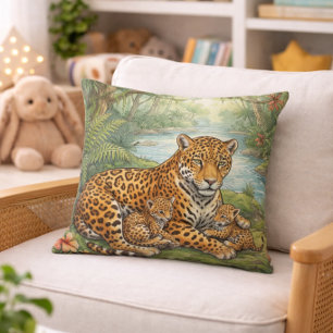 Cojín Decorativo Mamá Jaguar Adorable y Cachorros Animales de la Ju