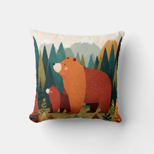 Cojín Decorativo Mamá Osa y Cachorro Paisaje Montañoso Guardería de