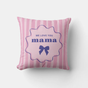 Cojín Decorativo Mamá   Rayas rosadas con marco ondulado y lazo chi
