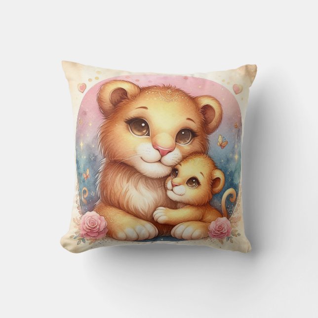 Cojín Decorativo Mamá y cachorro de león (Anverso)