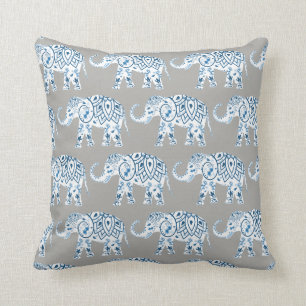 Cojín Decorativo Mandalá azul de elefante tribal sobre gris