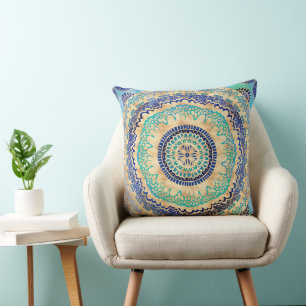 Cojín Decorativo Mandalá azul dorado acuarela