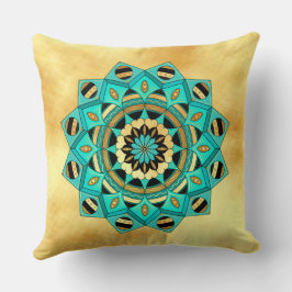 Cojín Decorativo Mandalá azul dorado negro sobre fondo dorado suave