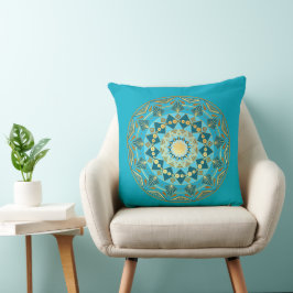 Cojín Decorativo Mandala Azul Dorado sobre Fondo Azul