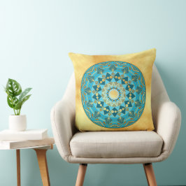 Cojín Decorativo Mándala azul dorado sobre fondo de oro suave