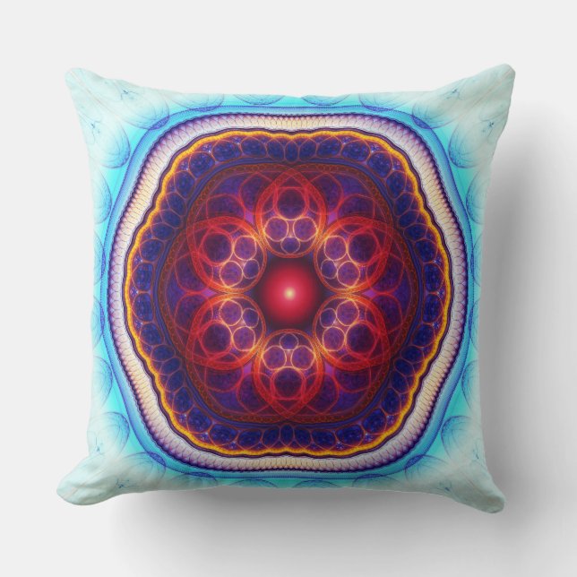 Cojín Decorativo Mandala azul rojo fractal armónico (Anverso)
