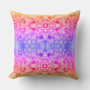 Cojín Decorativo Mandala caleidoscópico en azul, amarillo y rosa