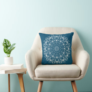 Cojín Decorativo Mandalá de búho azul y blanco
