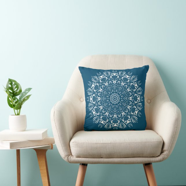 Cojín Decorativo Mandala de búho azul y blanco (Silla)