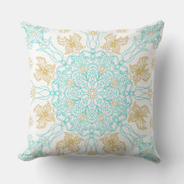 Cojín Decorativo Mandalá de color turquesa y dorado con mariposa