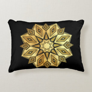 Cojín Decorativo Mandala de Estrella Dorada sobre Fondo Negro