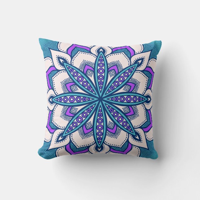 Cojín Decorativo Mandala de flores turquesa moradas (Anverso)