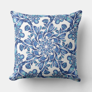 Cojín Decorativo Mandala de flores y hojas en azul