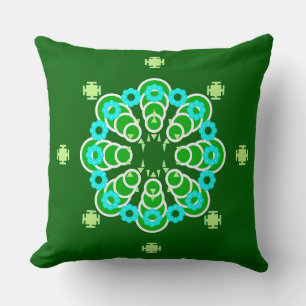 Cojín Decorativo Mandala de ocho puntos, Dark Jade Green y Aqua