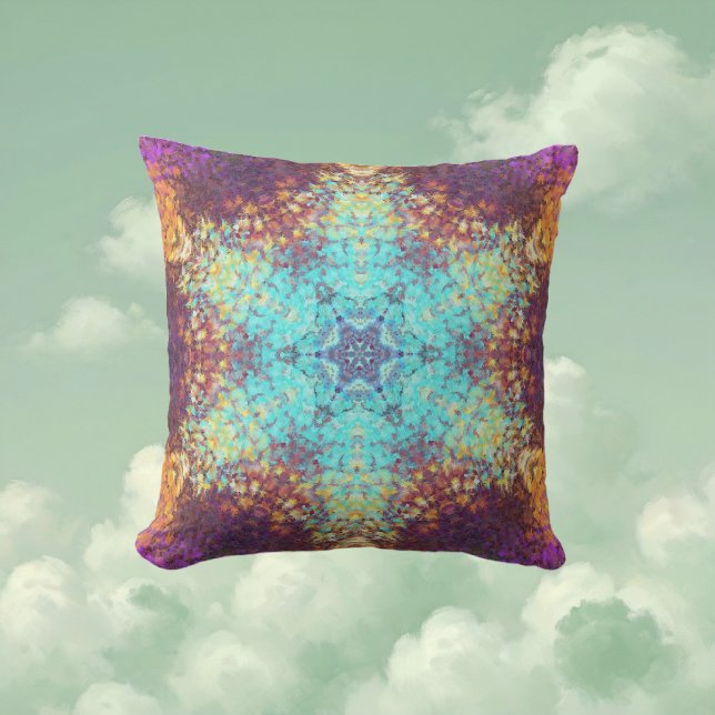 Cojín Decorativo Mandala digital amarillo azul y púrpura (Blue Yellow and Purple Digital Paint Mandala Throw Pillow By Wormhole Orbital)