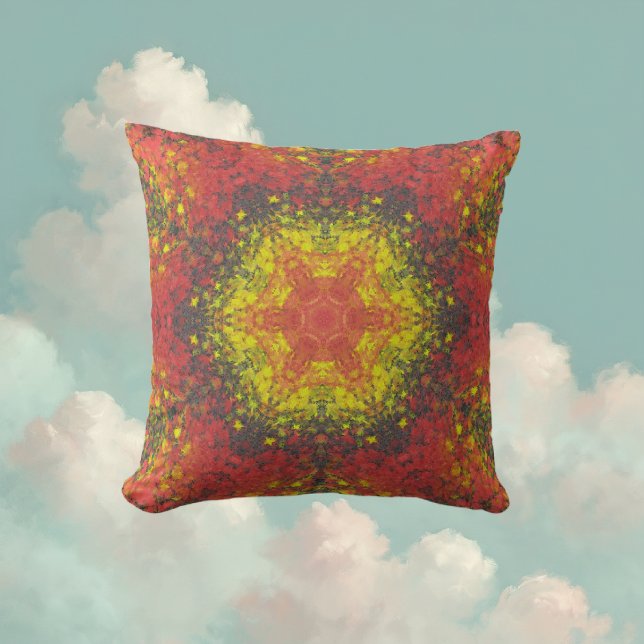 Cojín Decorativo Mandala digital Amarillo rojo y negro (Yellow and Red Digital Paint Mandala Throw Pillow By Wormhole Orbital)