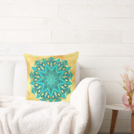 Cojín Decorativo Mandalá Estrella Azul Dorado sobre Fondo Dorado Su