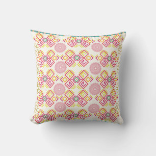 Cojín Decorativo Mandala étnica y patrón geométrico rosa y amarillo