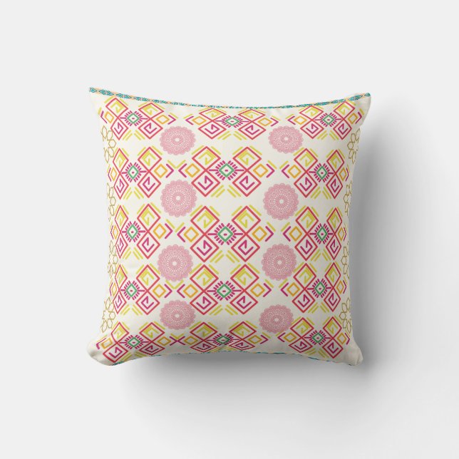 Cojín Decorativo Mandala étnica y patrón geométrico rosa y amarillo (Anverso)