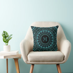 Cojín Decorativo Mandalá Floral Monograma Verde Teal
