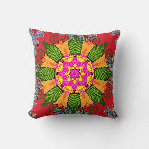 Cojín Decorativo Mandala floral redonda de colores sobre un rojo, v