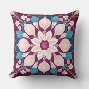 Cojín Decorativo Mándala floral simétrica botánica rosa púrpura