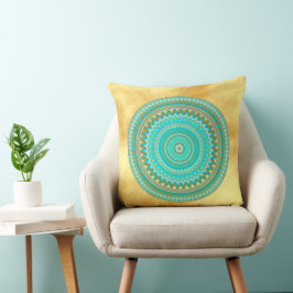Cojín Decorativo Mandala Iris azul marrón dorado sobre fondo dorado