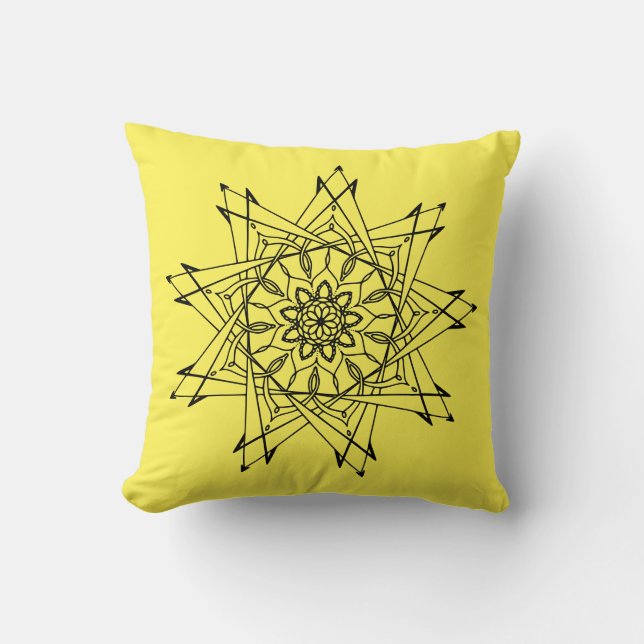 Cojín decorativo Mandala negro y amarillo agudo (Anverso)