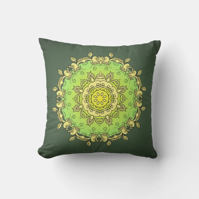 Cojín Decorativo Mandalá psicodélico verde amarillo (Anverso)