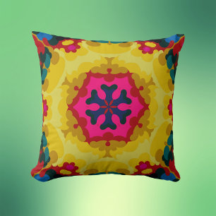 Cojín Decorativo Mandala retro azul amarillo y rosa