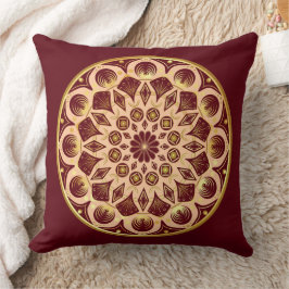 Cojín Decorativo Mandalá rojo burdeos dorado sobre fondo rojo burde