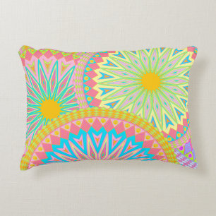 Cojín Decorativo Mándala superpuesto rosa azul amarillo menta púrpu