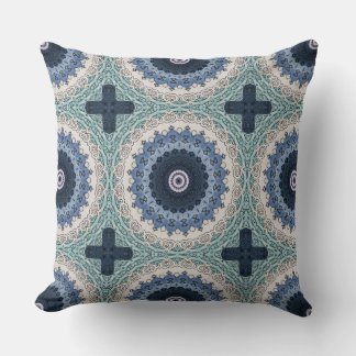 Cojín Decorativo Mandalas Azul y Turquesa con Simetría Geométrica
