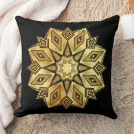 Cojín Decorativo Mandalas de Estrella Dorada sobre Fondo Negro