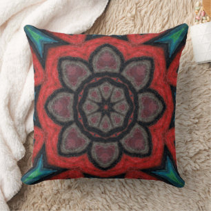 Cojín Decorativo Mandalas de Flor de Caleidoscopio Rojo y Negro en