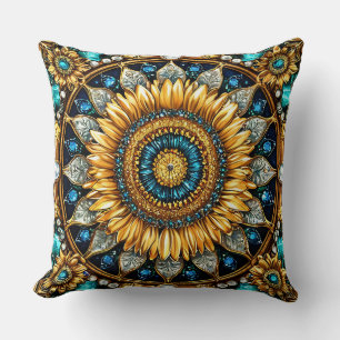 Cojín Decorativo Mandalas del Girasol Dorado con Gemas Intrincadas